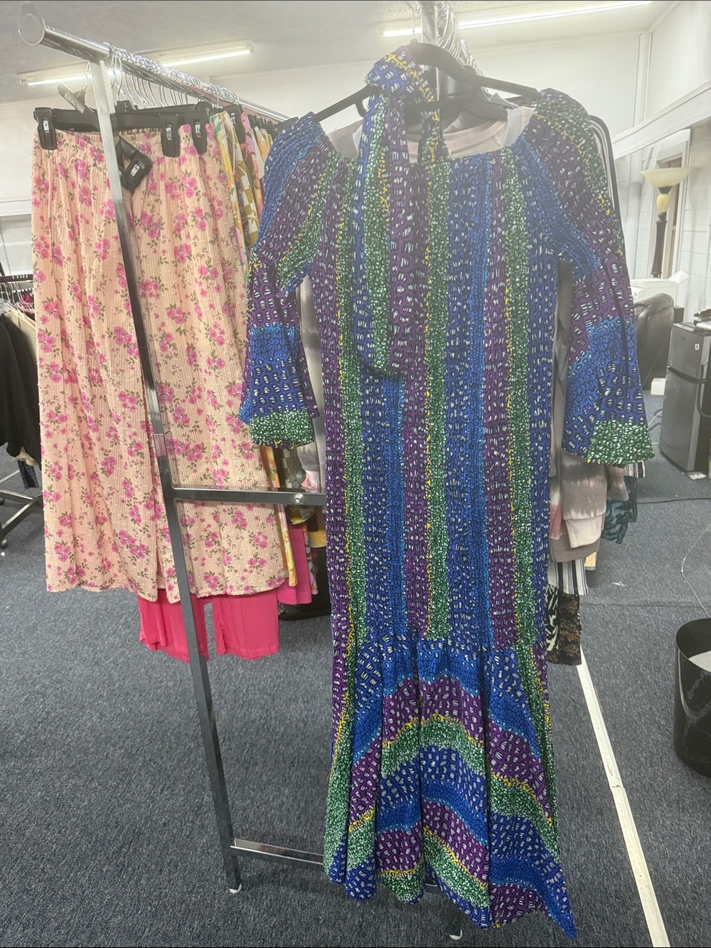 Green & Blue Patterned Maxi Dress with Tie Neck